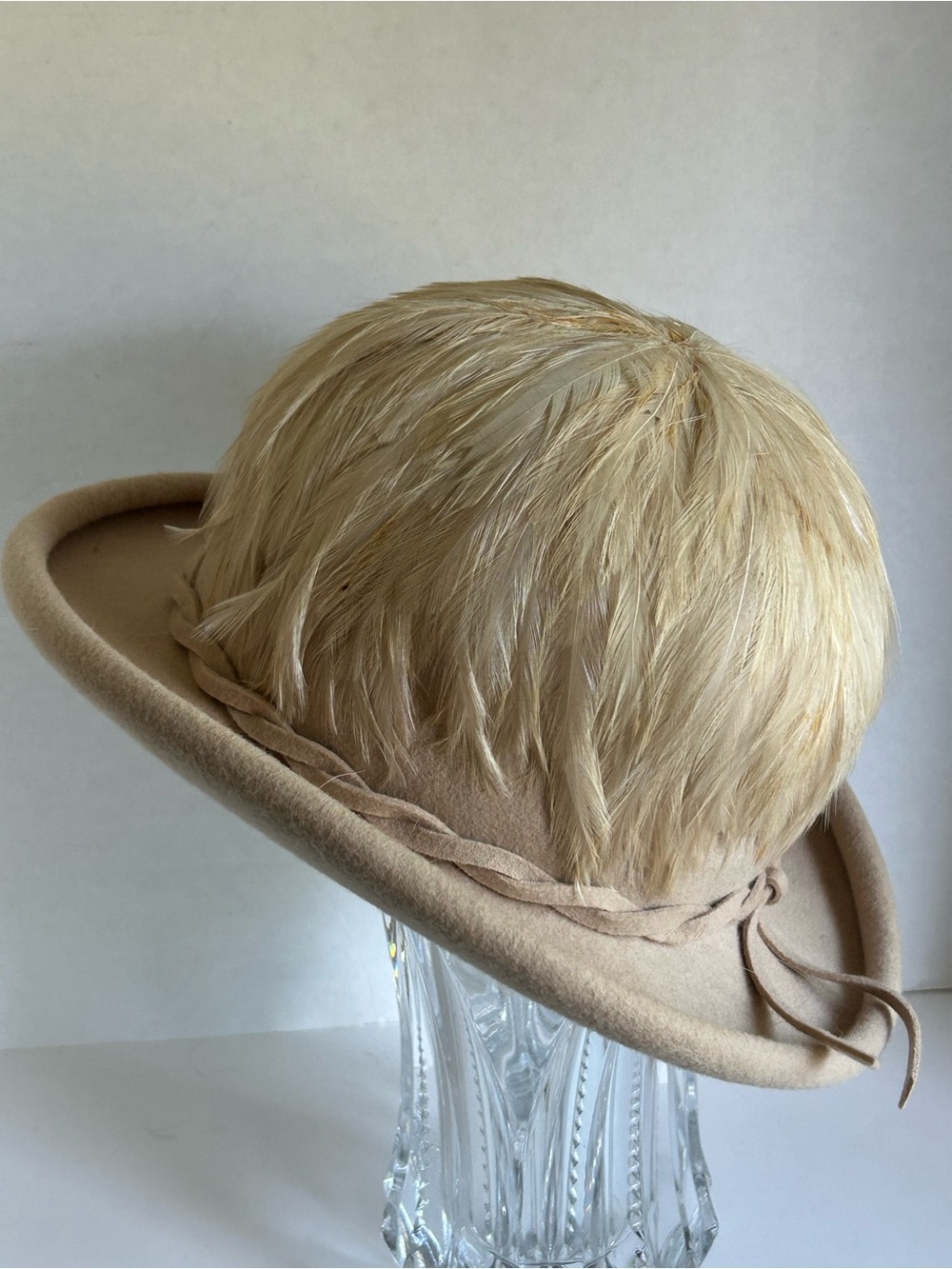 Beige Doeskin Wool Cloche Hat with Feather Top Sylvia Vintage